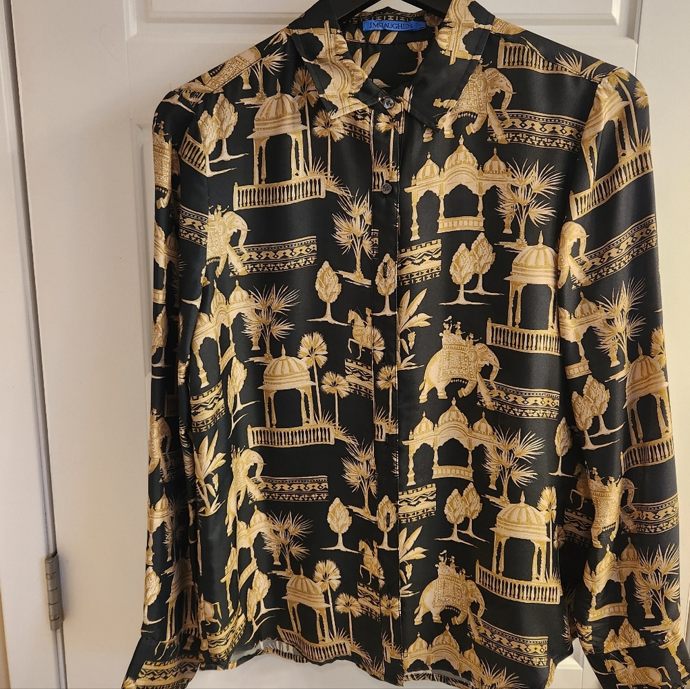 J. McLaughlinBlack & Gold Print Silk/Viscose Blouse Size S